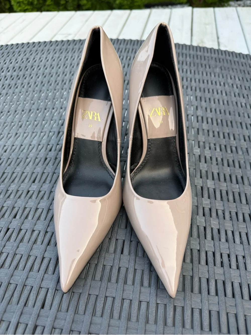 Zara Patent Pointed Toe Pumps - Taupe